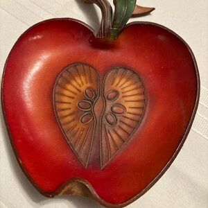 Vintage handcrafted leather apple-shaped dish by Candles in the Rain.